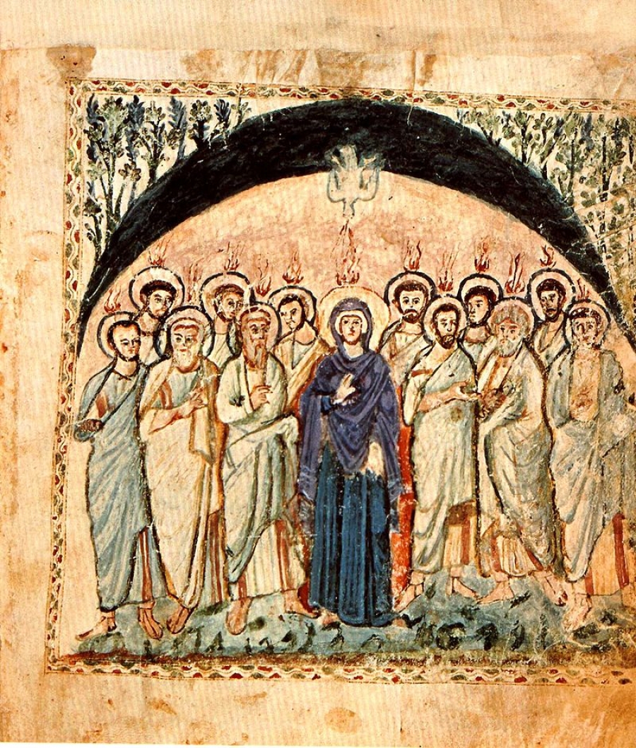 Ausgießung des heiligen Geistes im Rabbula-Evangeliar. Das Rabbula-Evangeliar ist eine syrische Pergament-Handschrift der vier Evangelien aus dem Jahr 586 mit vorangestellten illuminierten Blättern.